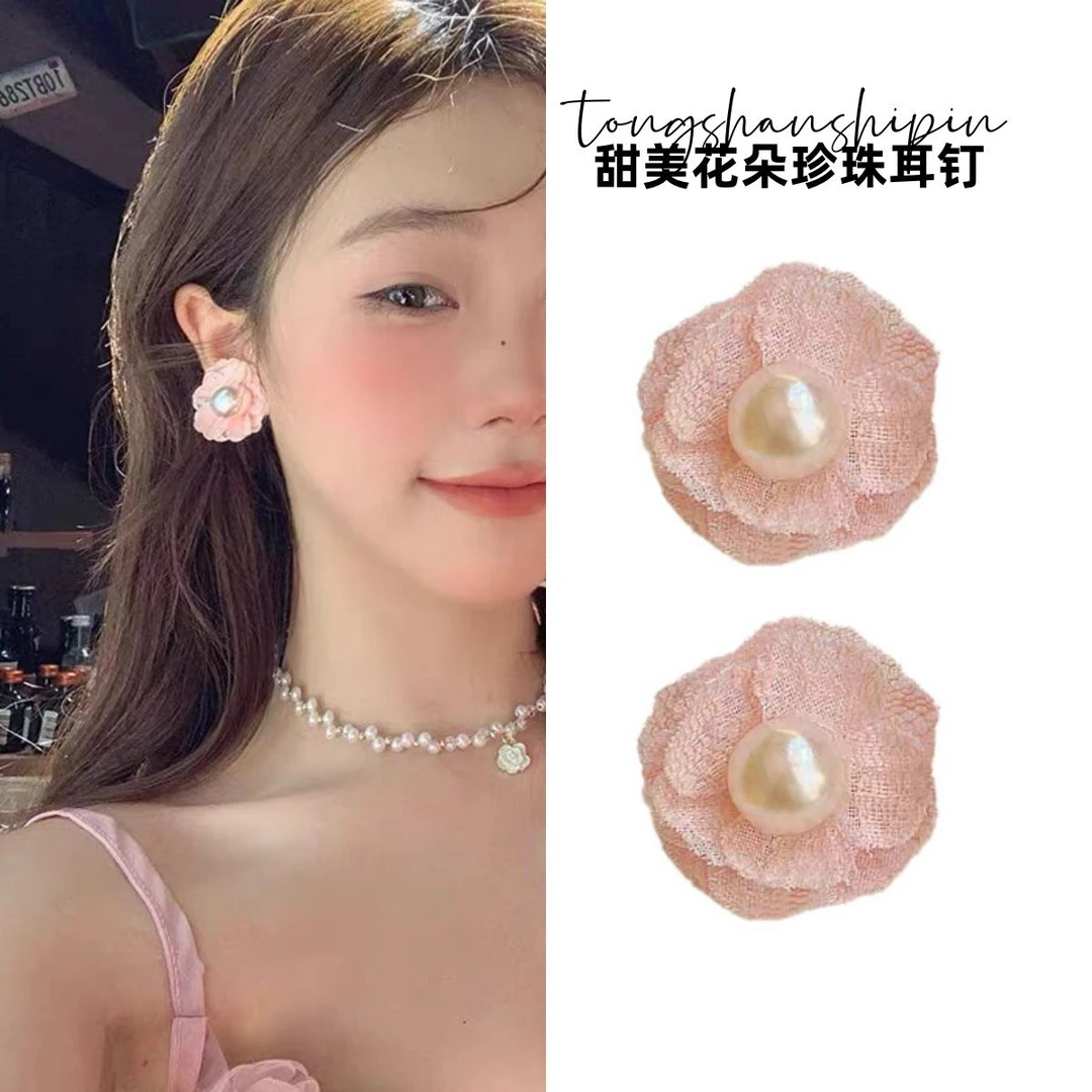 非金属仿珍珠耳饰 山茶浮梦~超仙氛围感蕾丝花朵珠珠耳钉-转换器