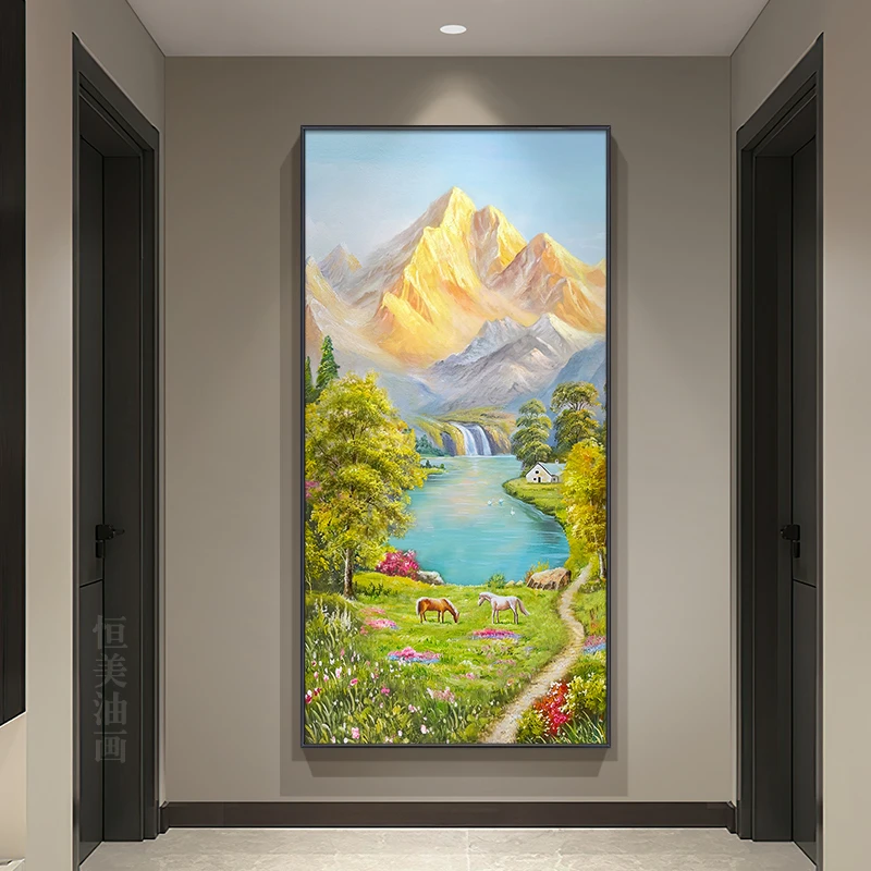 《金山骏马图》恒美原创纯手绘油画玄关过道轻奢风景聚宝盆装饰画