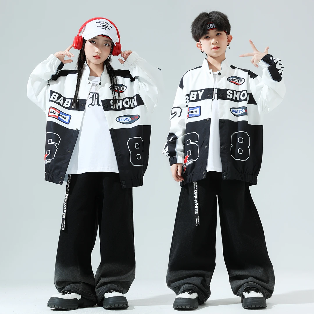 街舞儿童潮服男女童帅气机车风牛仔裤嘻哈hiphop炸街架子鼓演出服