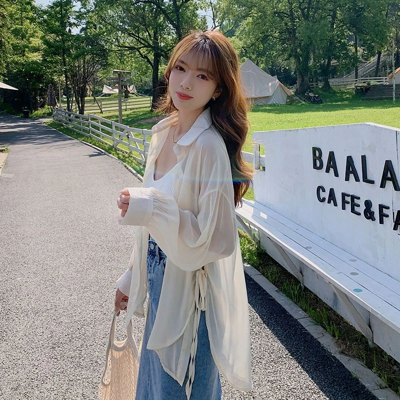 设计感不规则下摆系带珠光纱防晒衬衫女夏季薄款宽松外搭开衫上衣