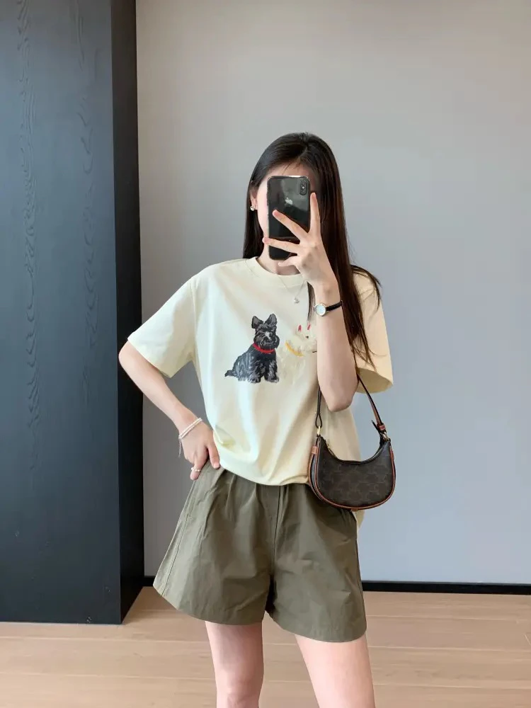 撞色狗狗印花可爱减龄T恤女夏季基础款百搭圆领短袖上衣