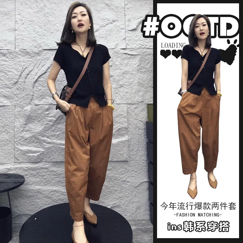 2025夏季时髦洋气减龄短袖上衣时尚休闲裤女港味别致百搭两件套潮