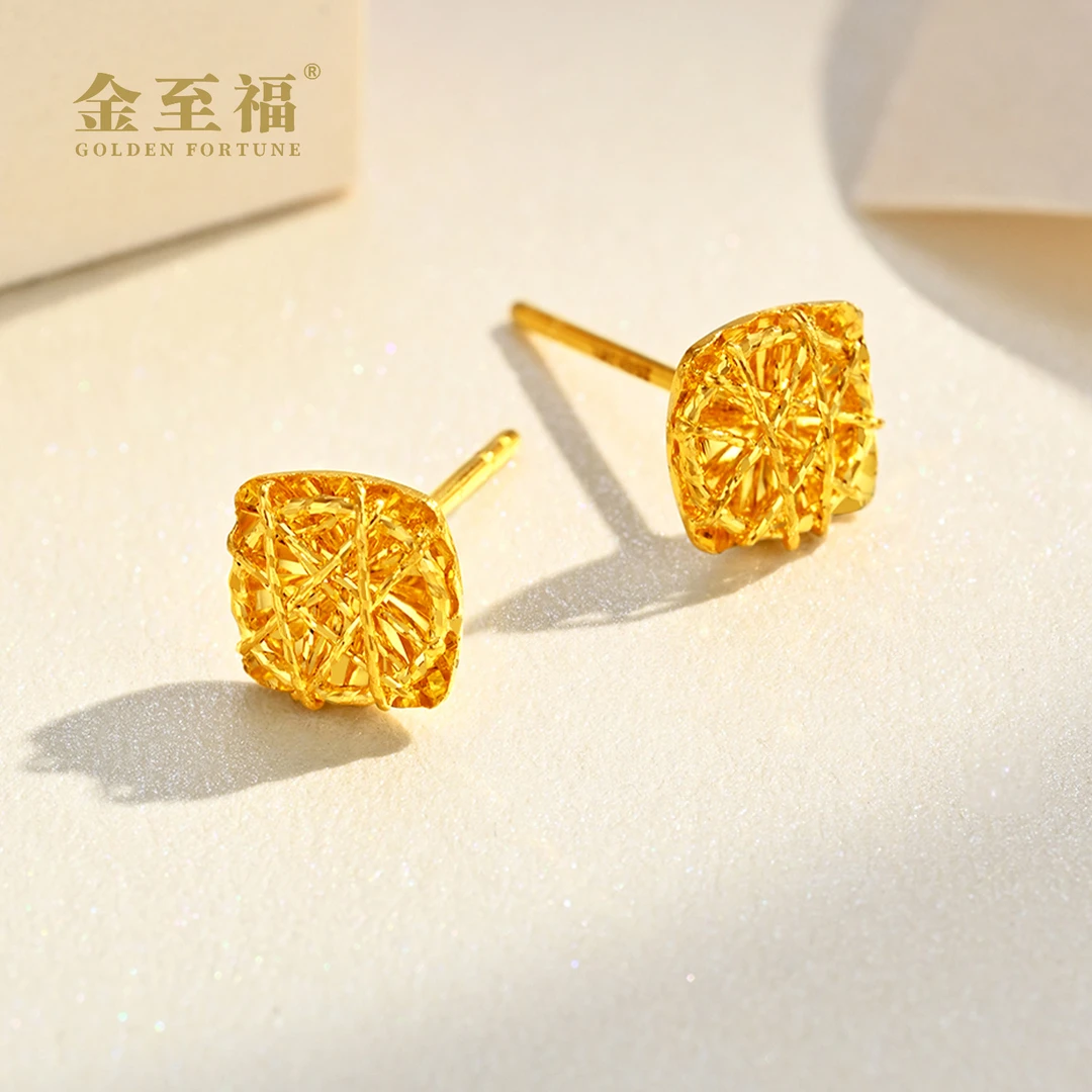 金至福足金5G方糖耳饰经典时尚潮流精美车花轻奢精致小女人气质
