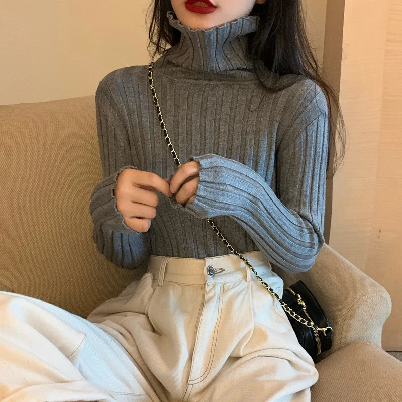 高领打底秋冬宽松针织长袖毛衣堆堆领修身新款洋气针织衫上衣