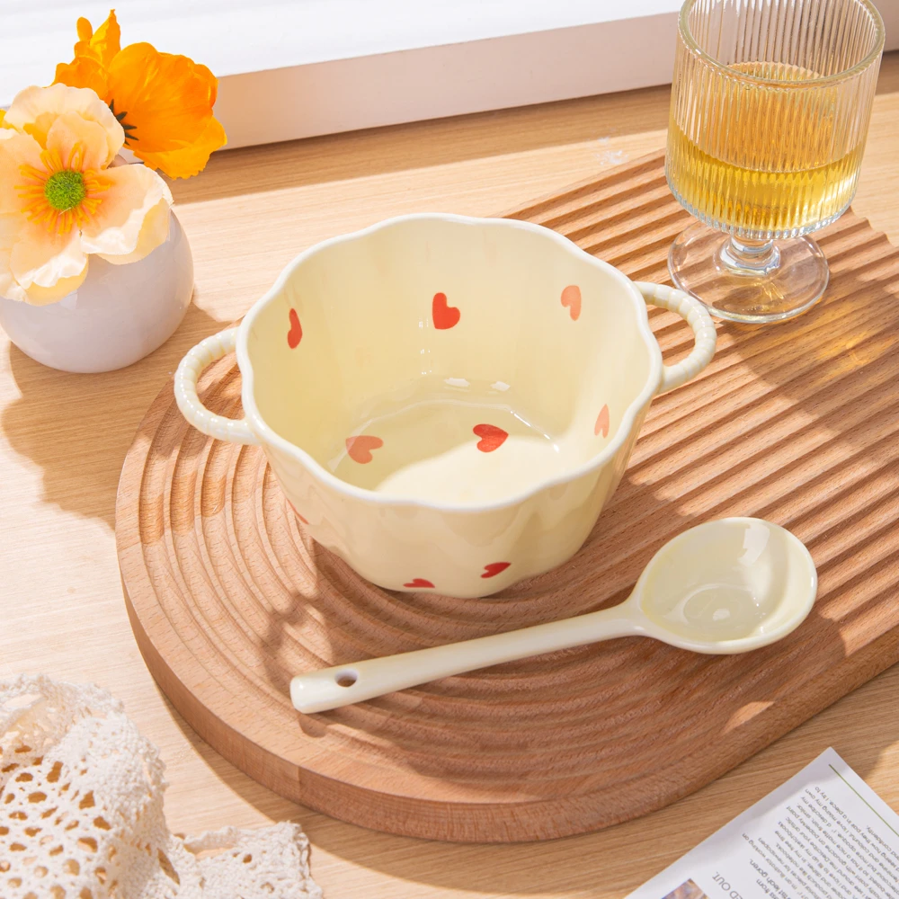 家用陶瓷餐具釉下彩奶油桃心6英寸双耳南瓜碗长柄勺子(一套)