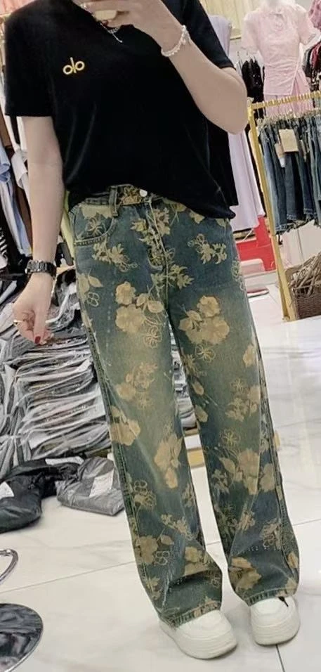 (柳子)6017美式复古花朵印花阔腿牛仔裤女春季新款设计感直筒裤