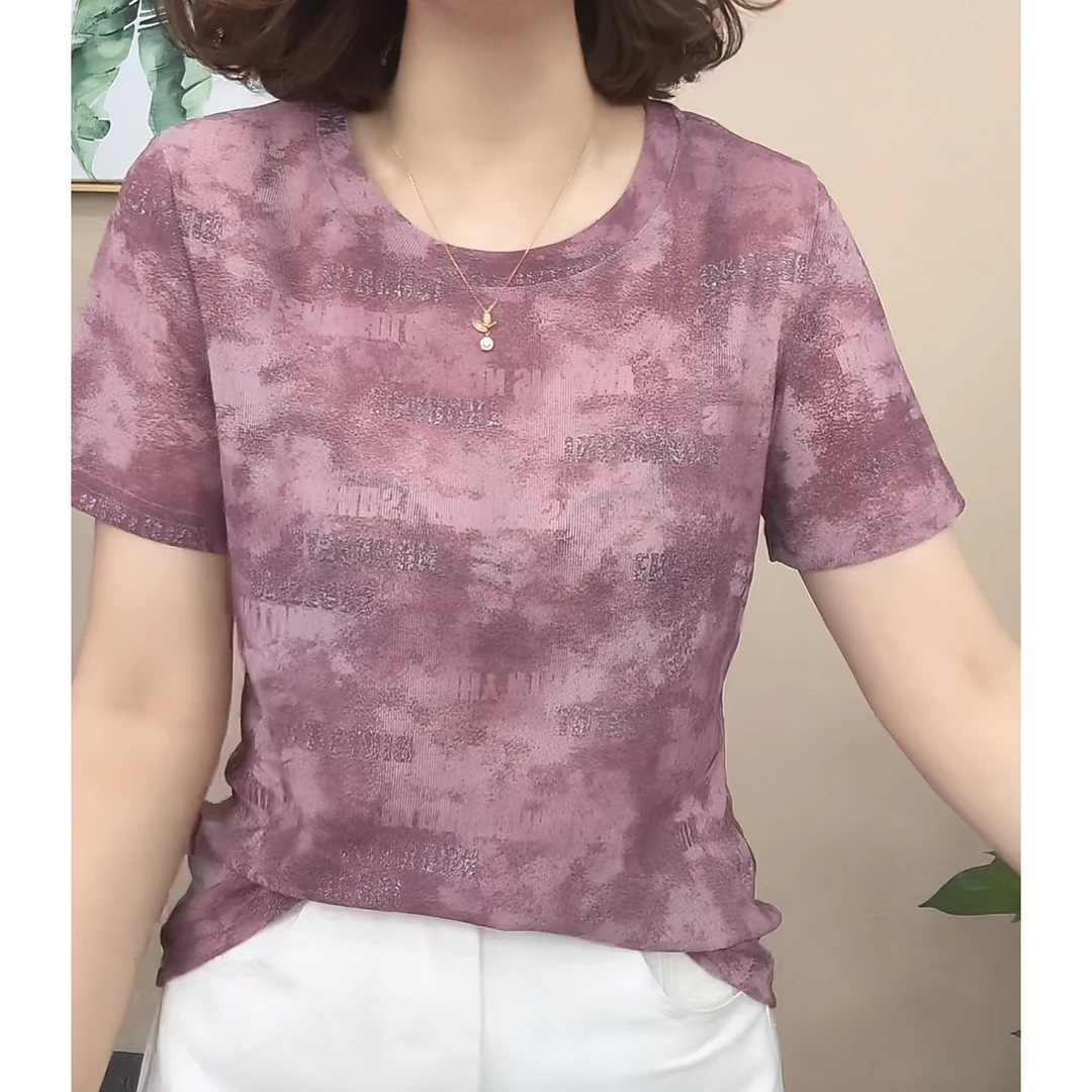 2025夏季新款短袖T恤女圆领弹力时尚遮肚子修身显瘦网纱洋气上衣