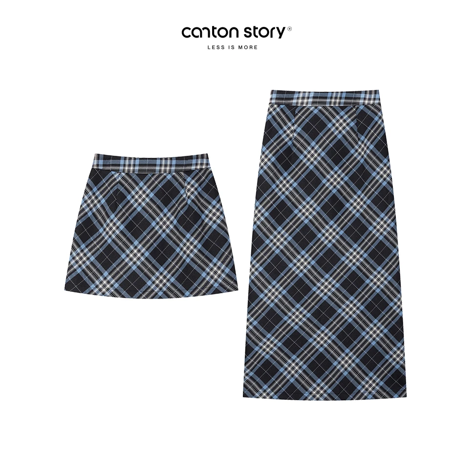 羊城故事-设计感蓝格半身裙女春季高腰遮胯显瘦a字裙Y50147745HJ