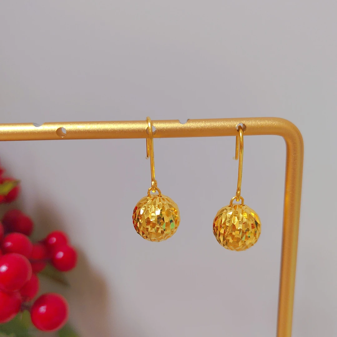 足金999金球刻花耳钩