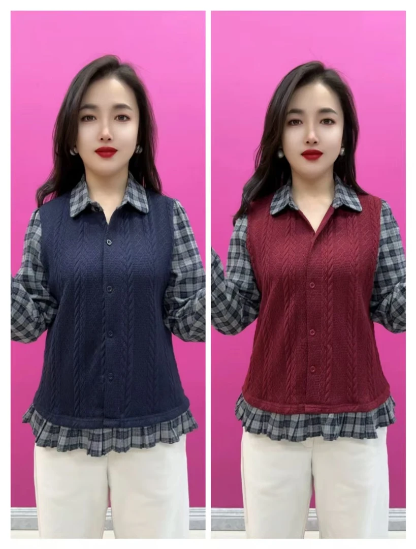 25180好运来衬衫领针织拼格假两件衫