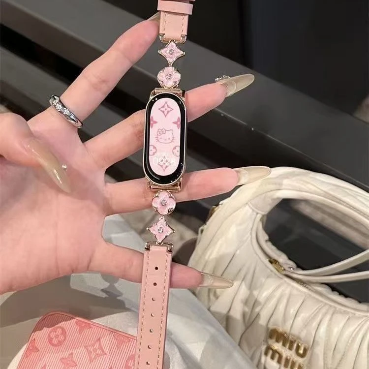 适用小米手环10NFC手环四叶草鎏金金属轻奢皮质高级感腕带手表带