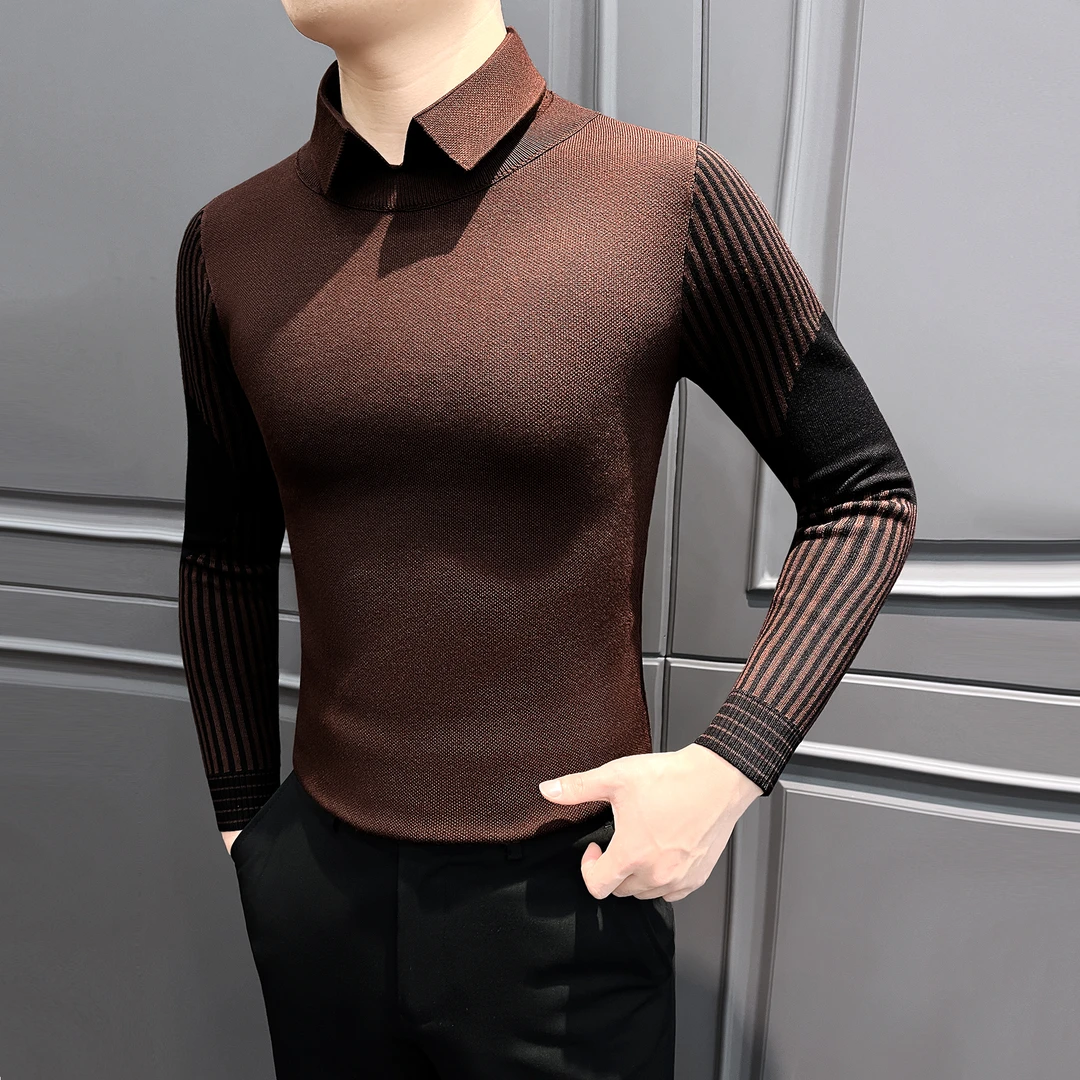 假两件男士打底毛衣新款2025爆款休闲秋冬条纹痞帅洋气男款针织衫