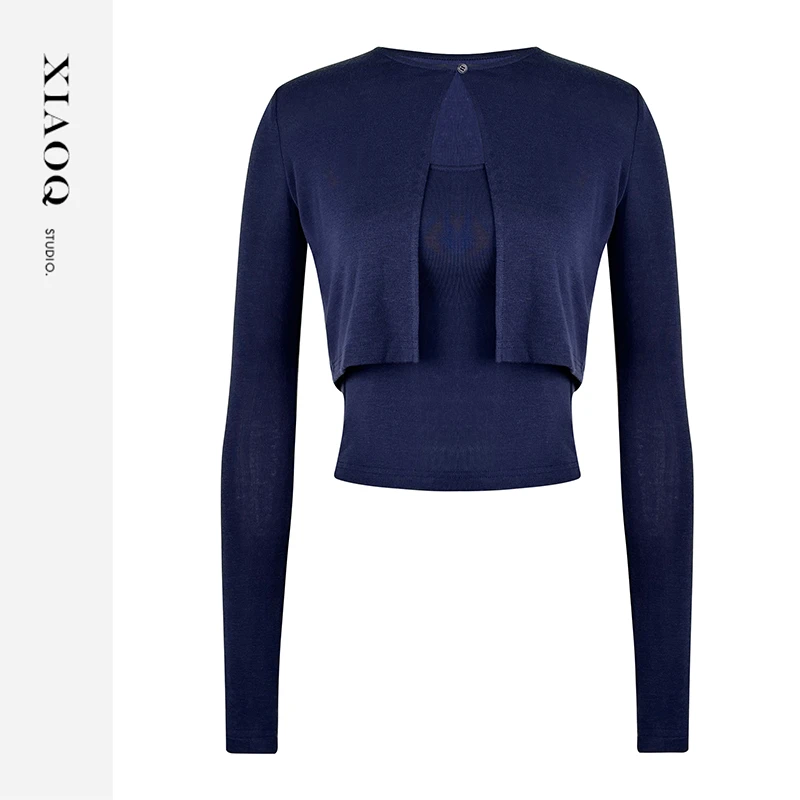 【小Q家】54814纯色针织修身弹力背心开衫气质套装T