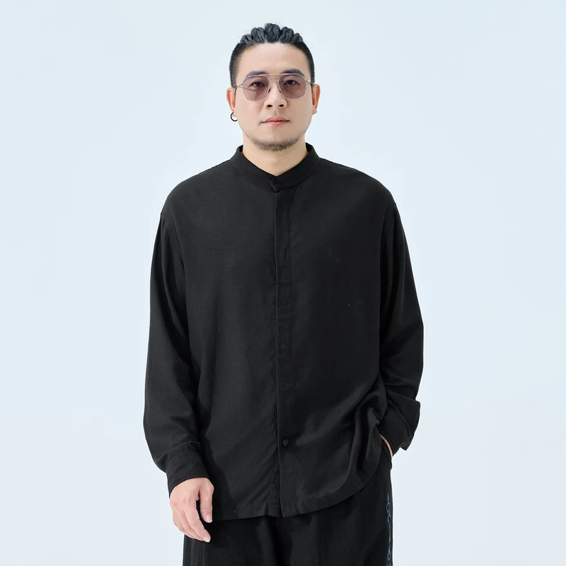 半墨大码男装立领棉麻衬衫休闲春季新款长袖加肥加大宽松上衣3136