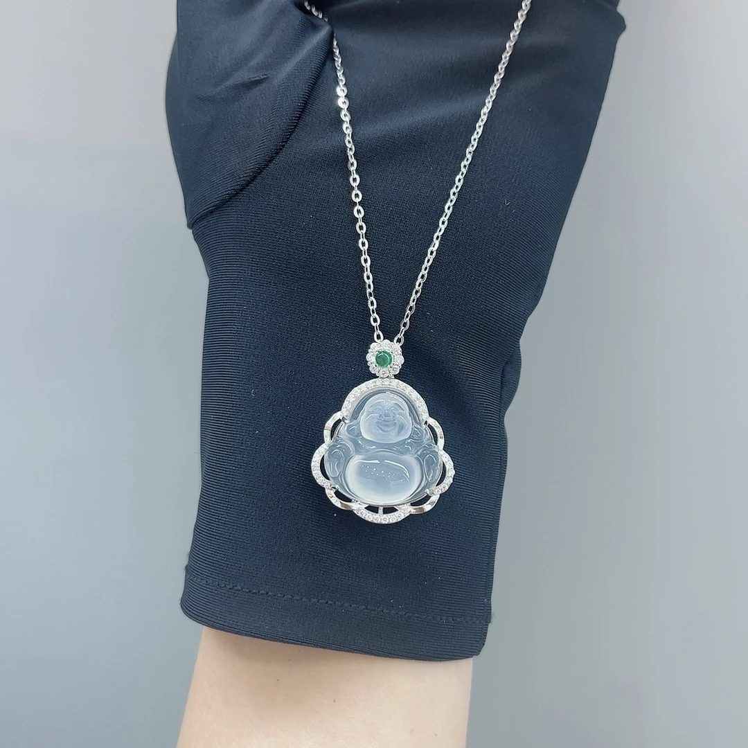 坠链均925银镶玉髓佛公弥勒笑佛花边轻奢精致显气质项链