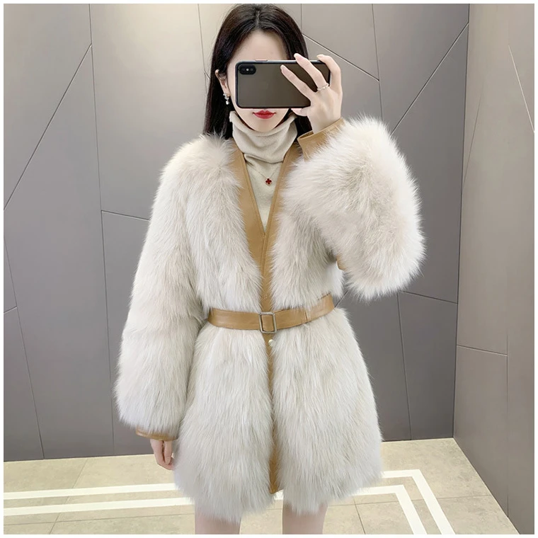 高档美拉德中长款V领毛毛外套女冬季皮毛一体腰带加厚保暖外套潮