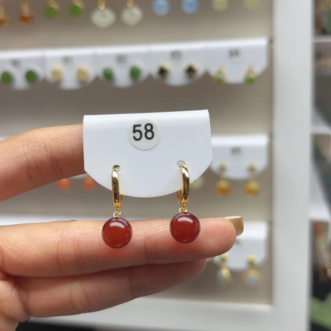 银S925镶嵌琥珀耳饰血珀