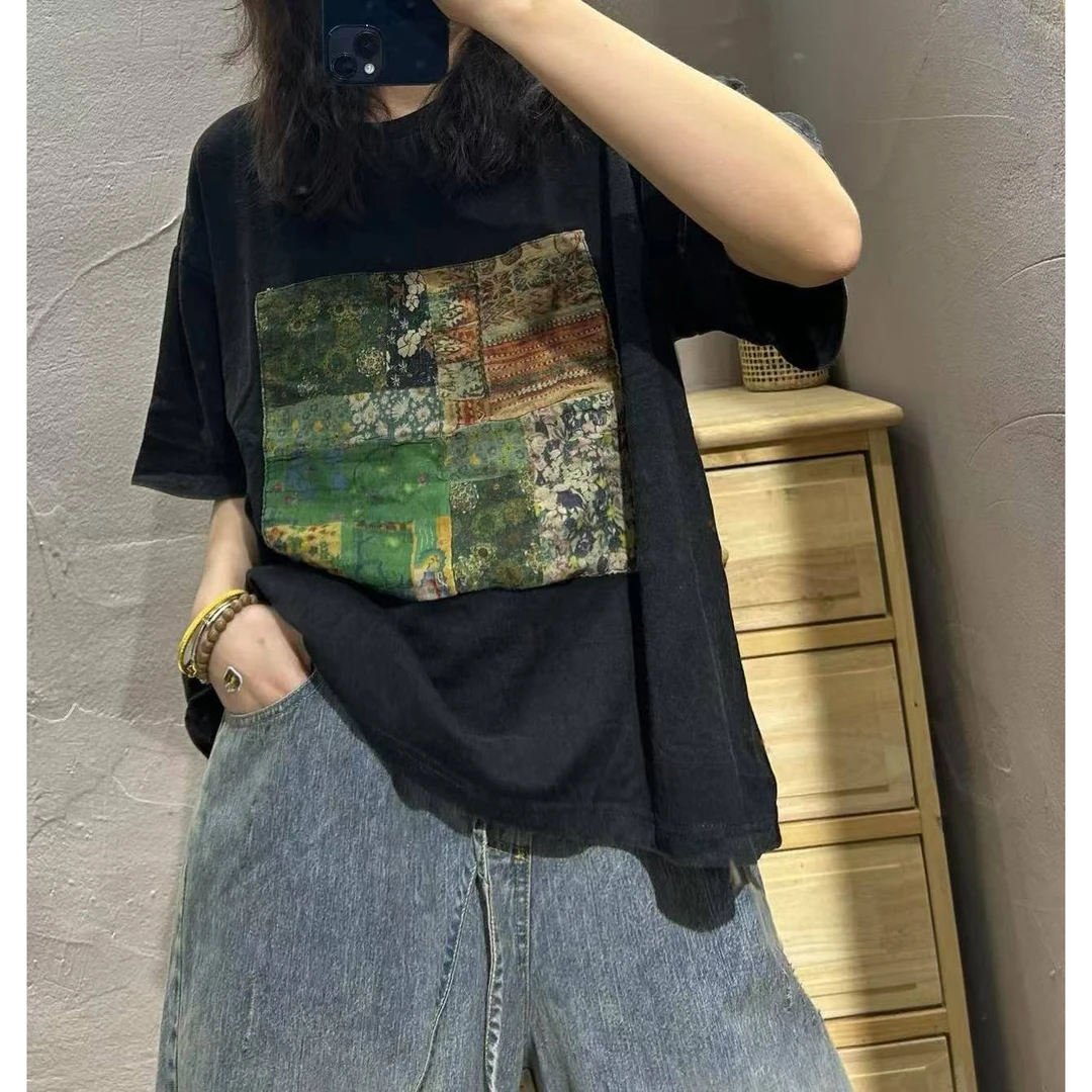 【半奏】春季新款炒色做旧针织棉印花贴布T恤胸围120衣长65