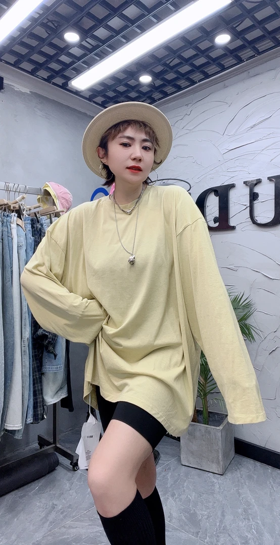 大版圆领长袖加绒百搭T恤设计师中长款秋季极简风纯色休闲