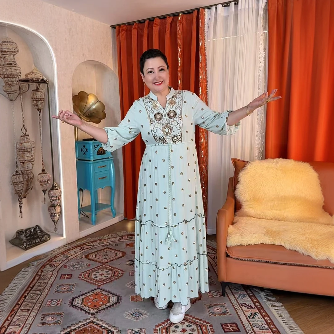 波点优雅气质系带通勤V领连衣裙时尚圆领长袖碎花