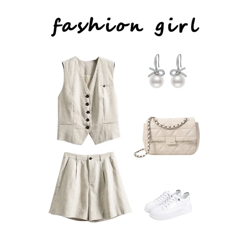 夏装搭配一整套高级感欧货时尚洋气小香风显瘦杏色马甲短裤套装女