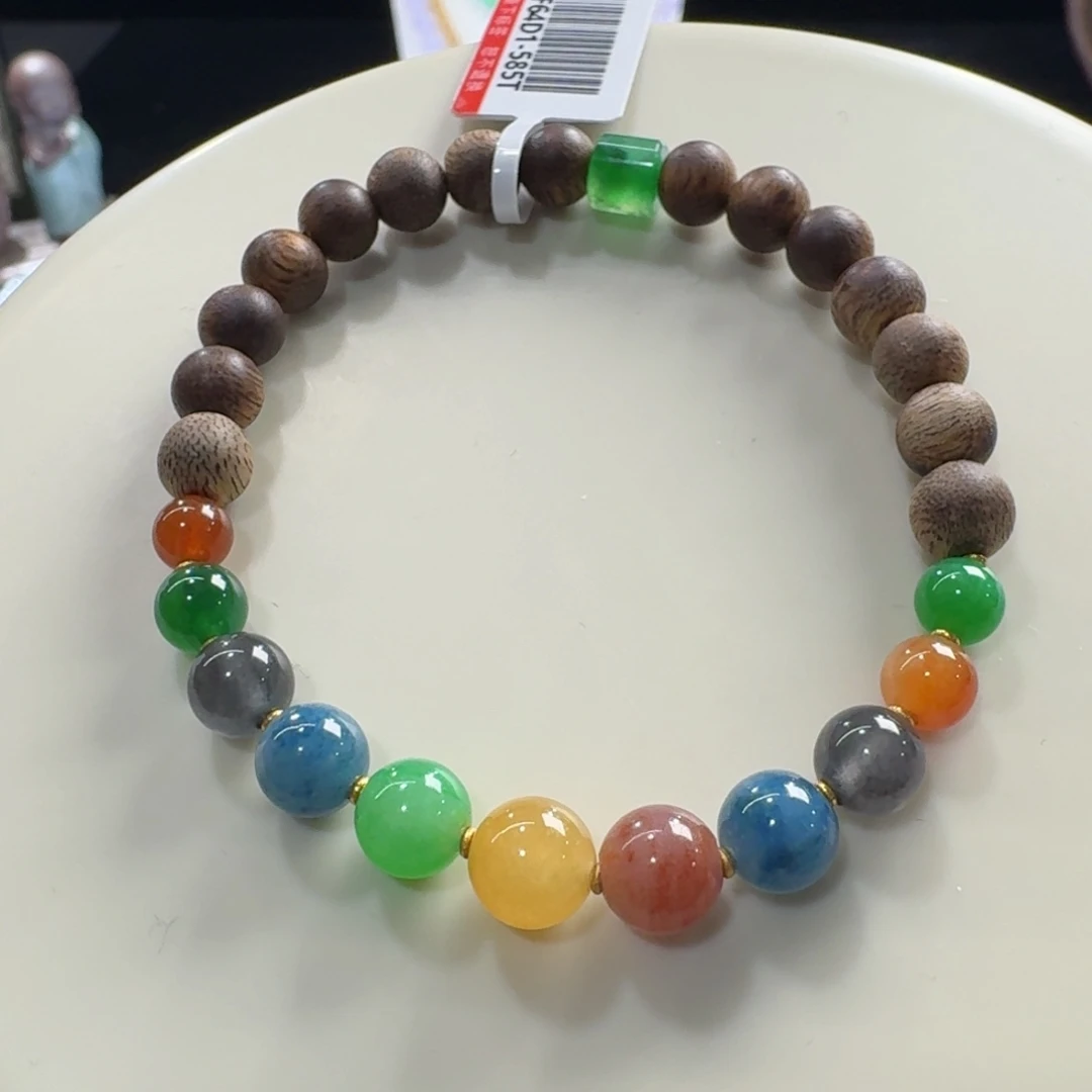 未镶嵌手链翡翠冰种浓彩配木珠5.4-7.3mm