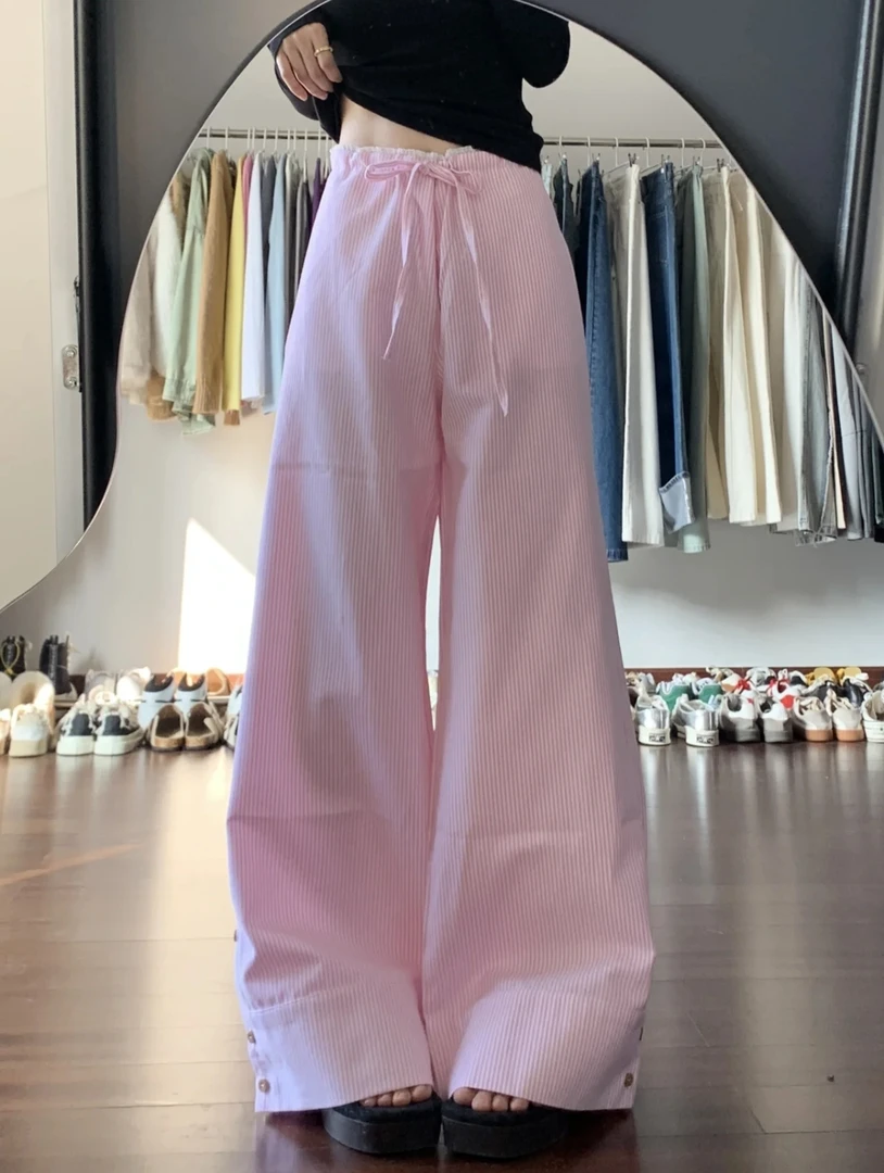 慵懒竖条纹休闲裤女夏季新款减龄垂感长裤宽松高腰阔腿裤子拖地裤