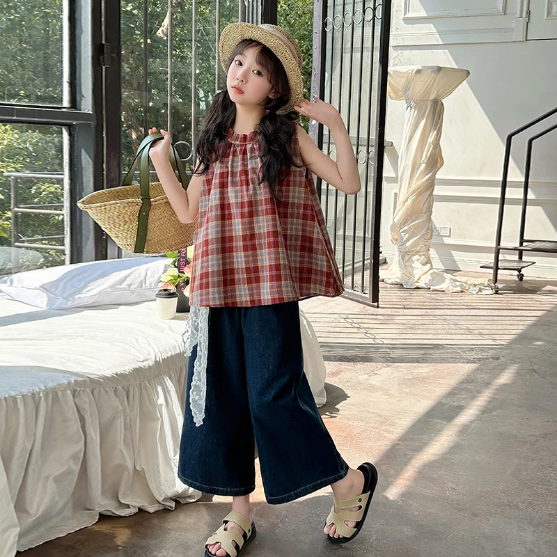 大女童装夏装6-12岁潮牌高级感无袖背心衬衫套装2025新款儿童夏季