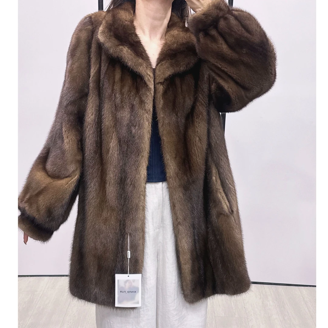 L47，M，栗棕色可立可翻领三文鱼收口袖水貂外套