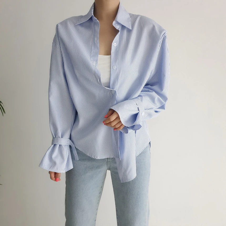 chic韩式法式早春百搭简约设计感小众细条纹宽松长袖衬衫女上衣