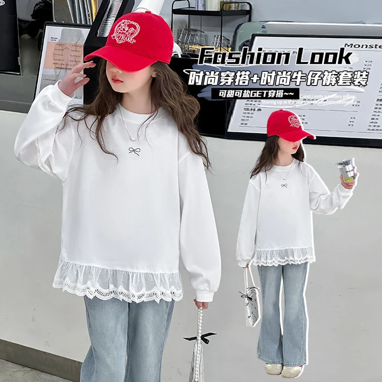 女童长袖T恤2025春装白色花边拼接打底衫中大童春秋百搭上衣卫衣