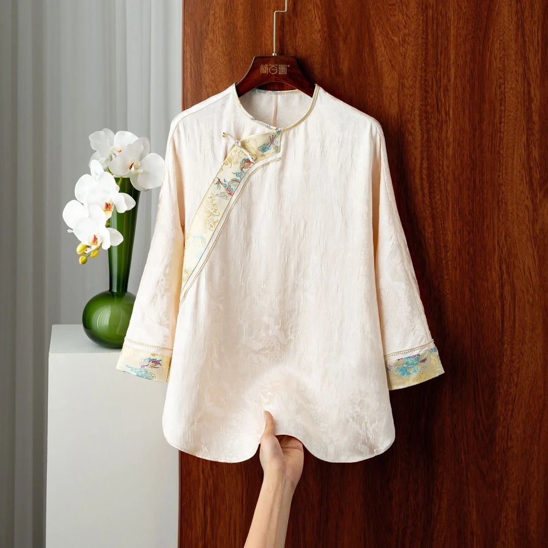 2025新款圆领提花九分袖套头衫原创设计国风气质提花缎面衬衫