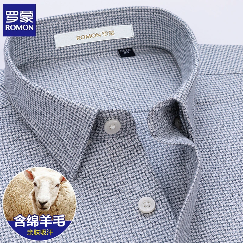 罗蒙春秋季经典男士绵羊毛灰色格子长袖外套衬衫中年户外休闲衬衣