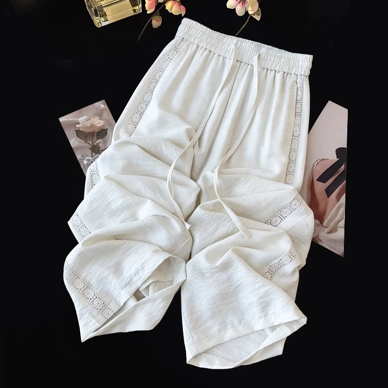 白色棉麻阔腿裤女夏季2025新款蕾丝拼接高级感高腰冰丝亚麻直筒裤