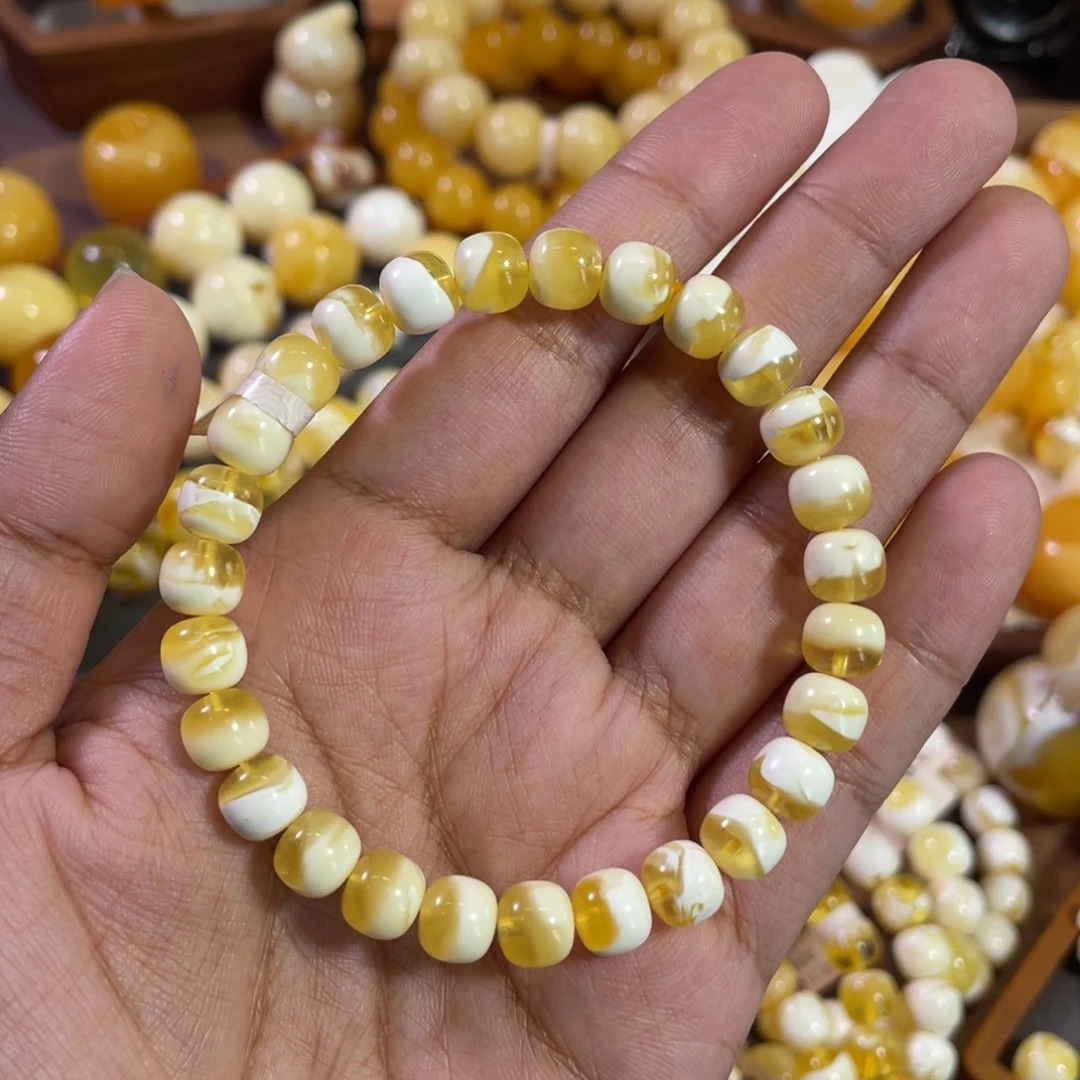 蜜蜡未镶嵌裸石8mm金瓷白溶洞半蜡半珀聚宝盆老型蜜蜡手串K413