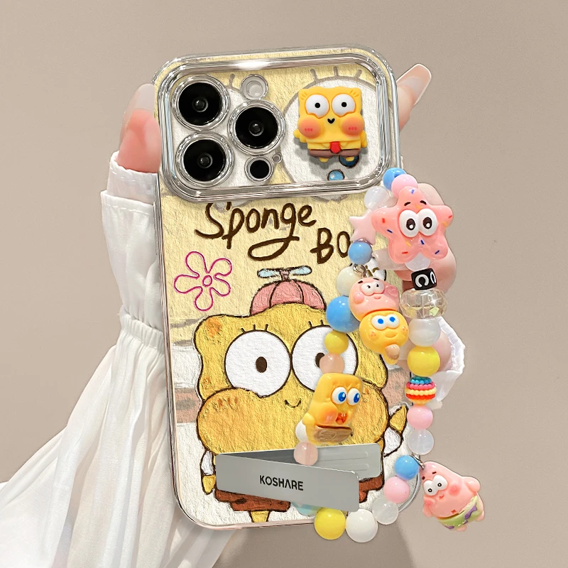 油画海绵宝宝适用苹果17promax手机壳新款电镀大视窗支架iPhone16