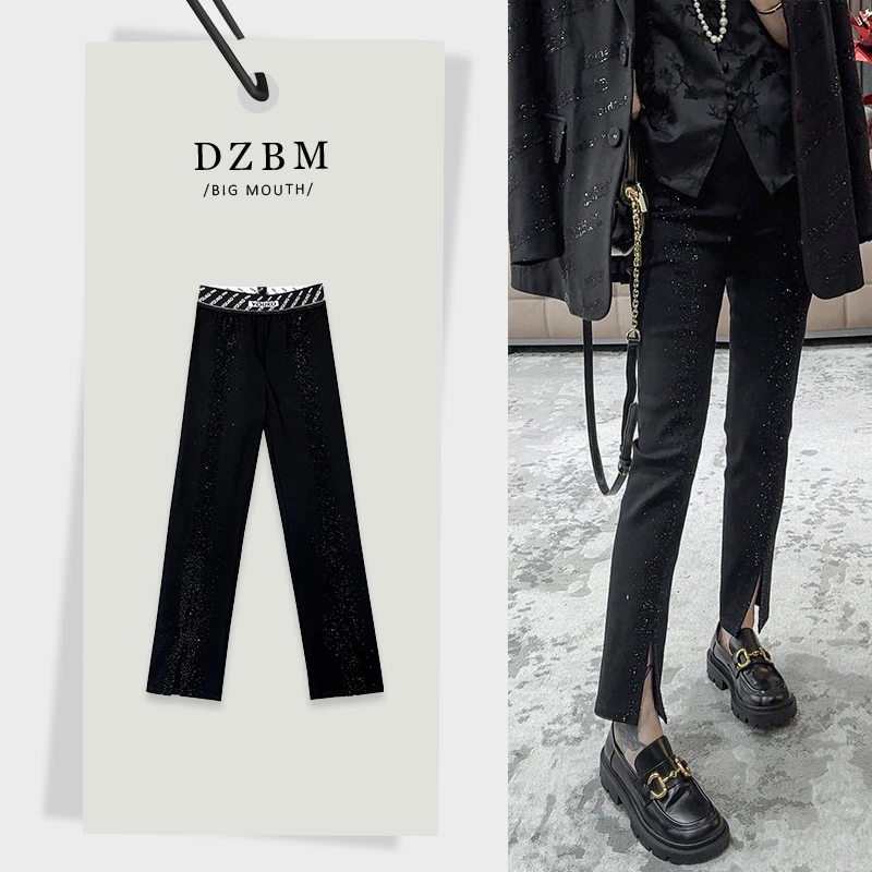 DZBM2025春季新款重工烫钻松紧腰黑色弹力休闲裤-K1052