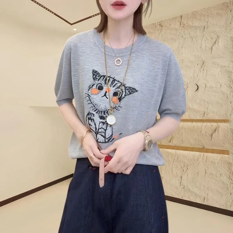 夏季圆领薄款短袖针织衫女2025时尚百搭宽松显瘦纯色简约卡通短T