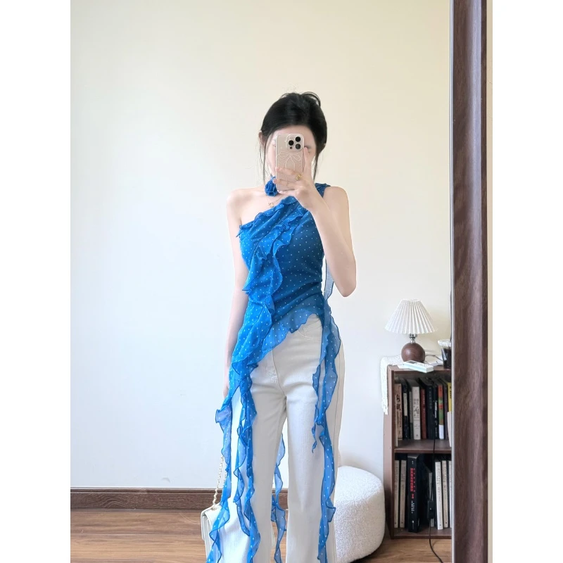 MARIE.COCO法式雪纺衫不规则飘带荷叶边上衣斜肩上衣修身牛仔裤