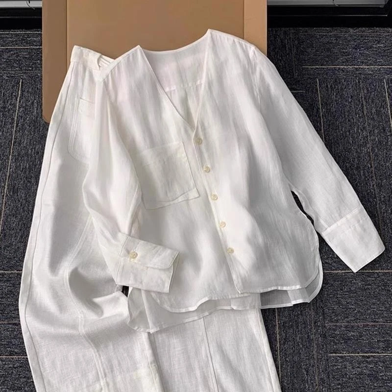 2025夏季今年超火时尚薄款轻熟风洋气套装白色衬衫阔腿裤两件套女