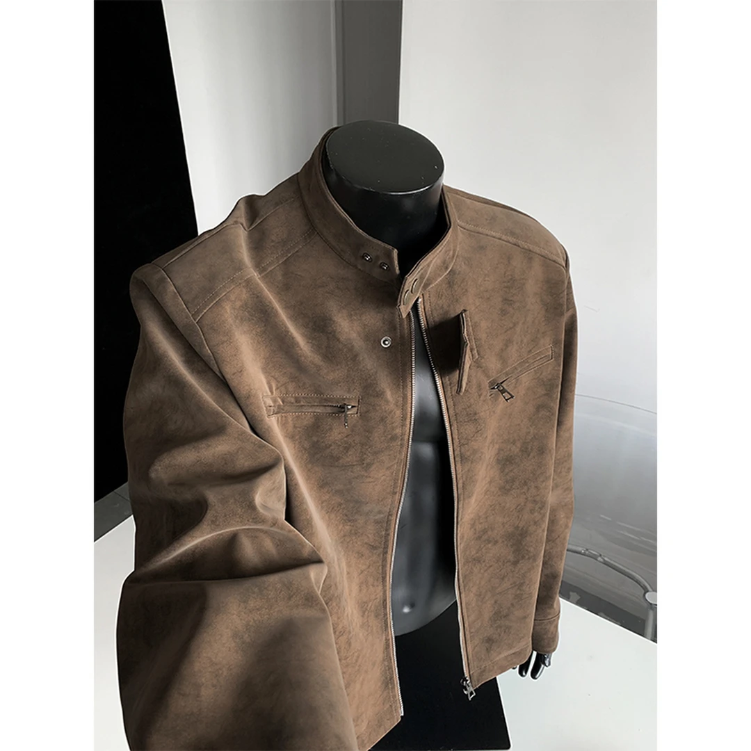 美式短款垫肩哈灵顿夹克男秋季美拉德痞帅外套立领pu皮飞行棒球服