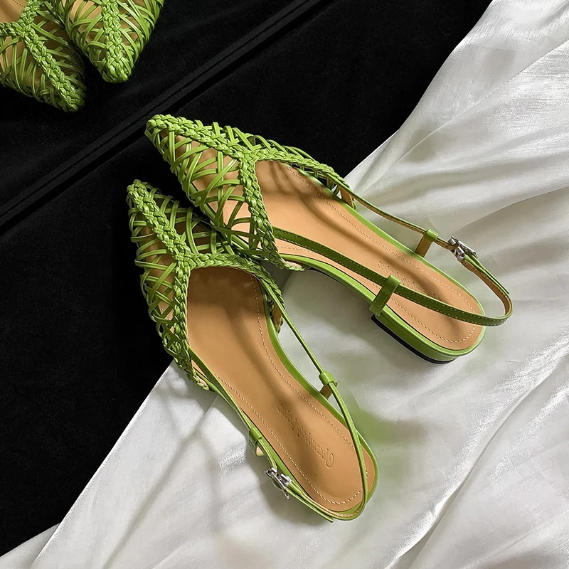 【DR官方正品】法式绝美尖头平底镂空黄色编织猪笼鞋绿色单鞋凉鞋