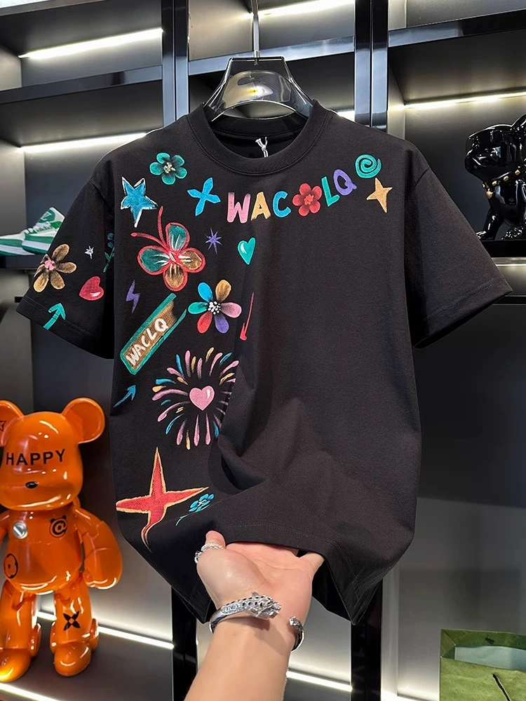 欧货夏季新品原创设计款彩色涂鸦短袖T恤男女潮牌情侣宽松上衣t