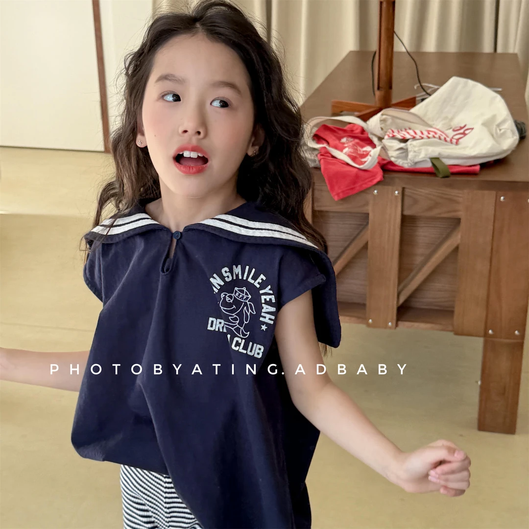 ab.baby女童夏款【海军领】童装韩版无袖衬衫字母印花T恤打底衫