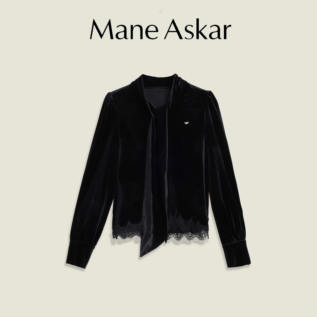 【丫头baby专属】秋冬法式气质丝绒系带蕾丝花边女装上衣OK7121