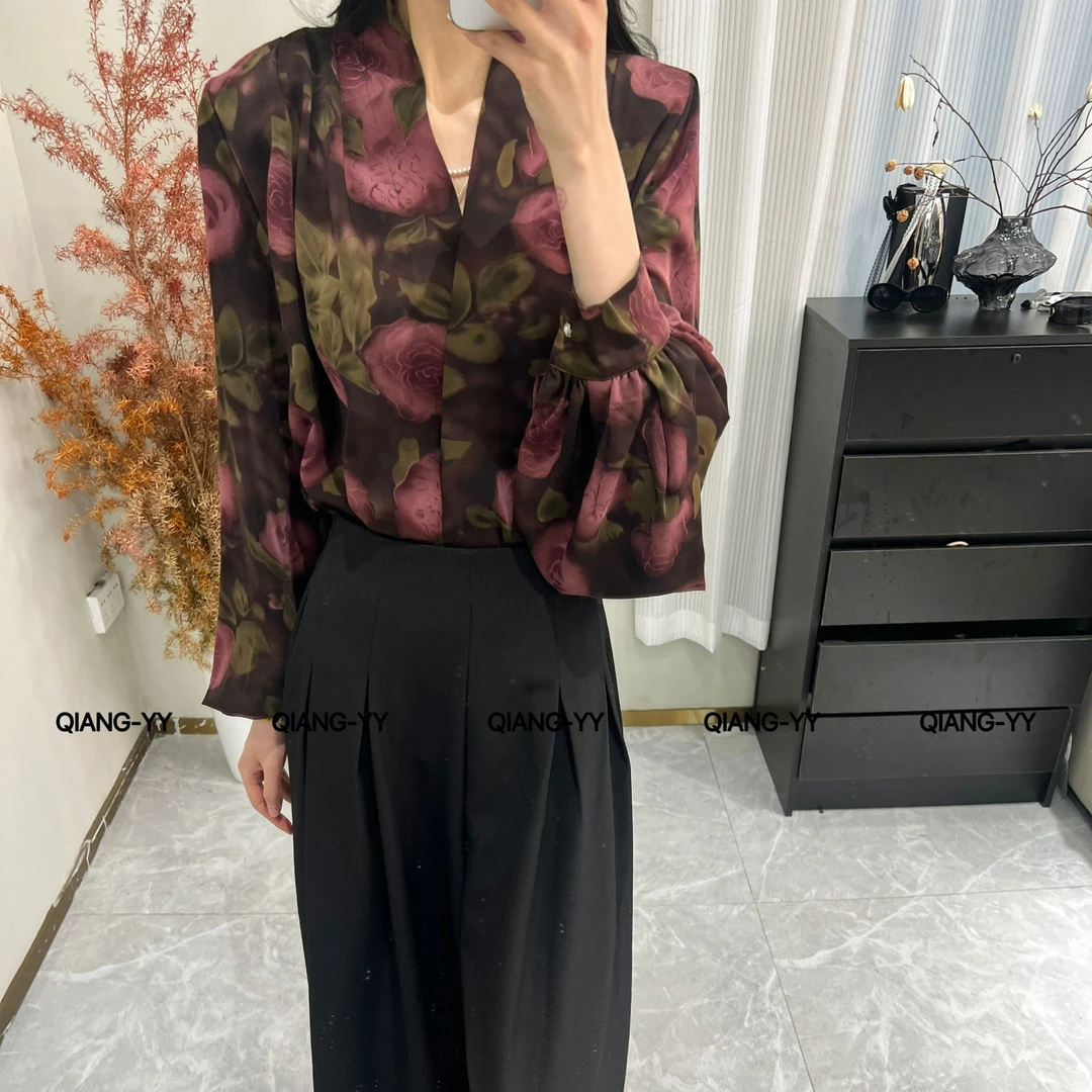 QIANG-YY刺绣长袖纯欲风长款衬衫印花碎花外套打底显瘦时尚466