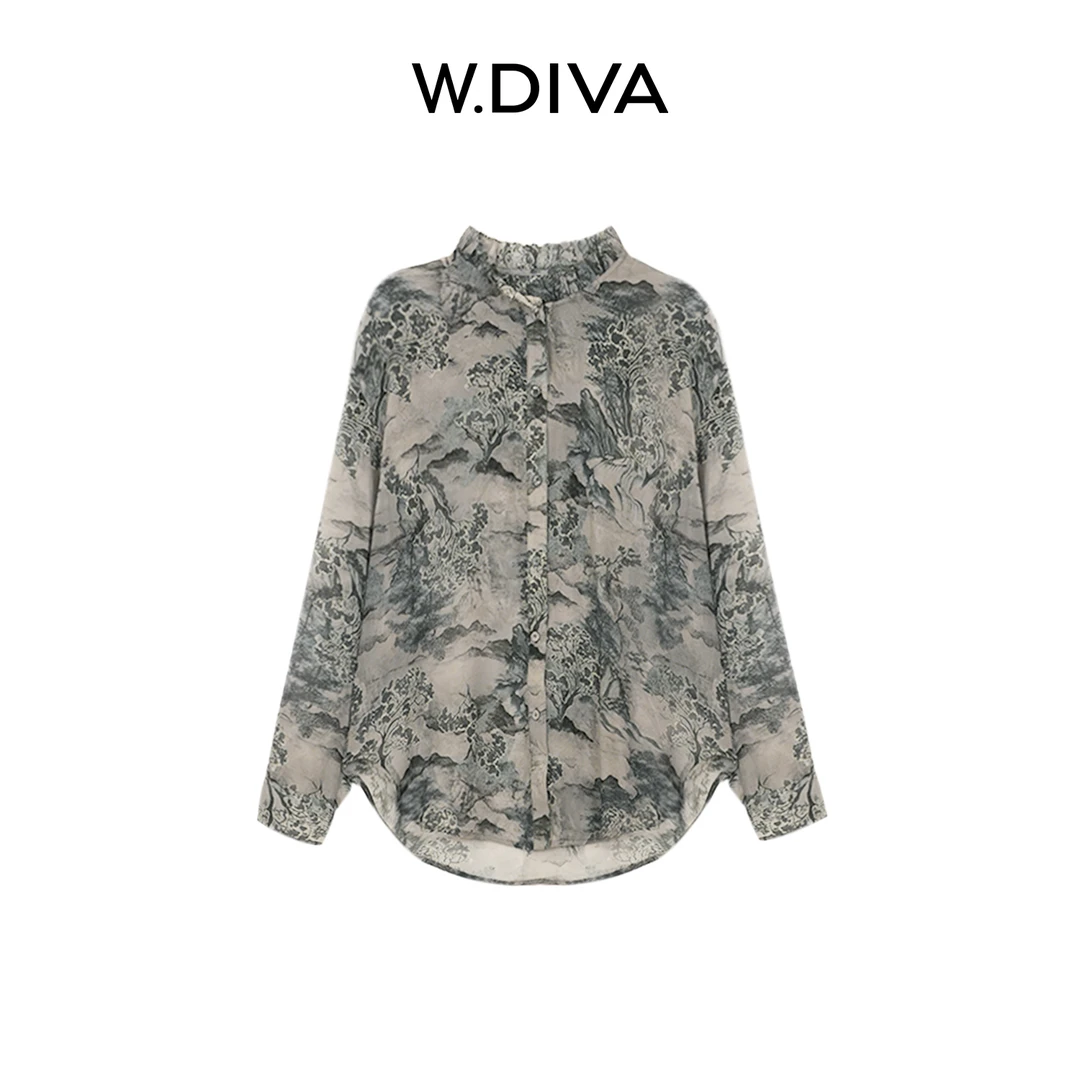 W.Diva【云山绘】100桑蚕丝高雅品质水墨印花宽松长袖小衫51S251597