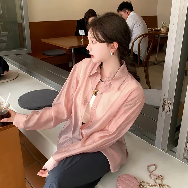 夏季轻薄衬衫女款粉色多巴胺防晒衬衣轻奢小众开衫莱赛尔天丝小衫