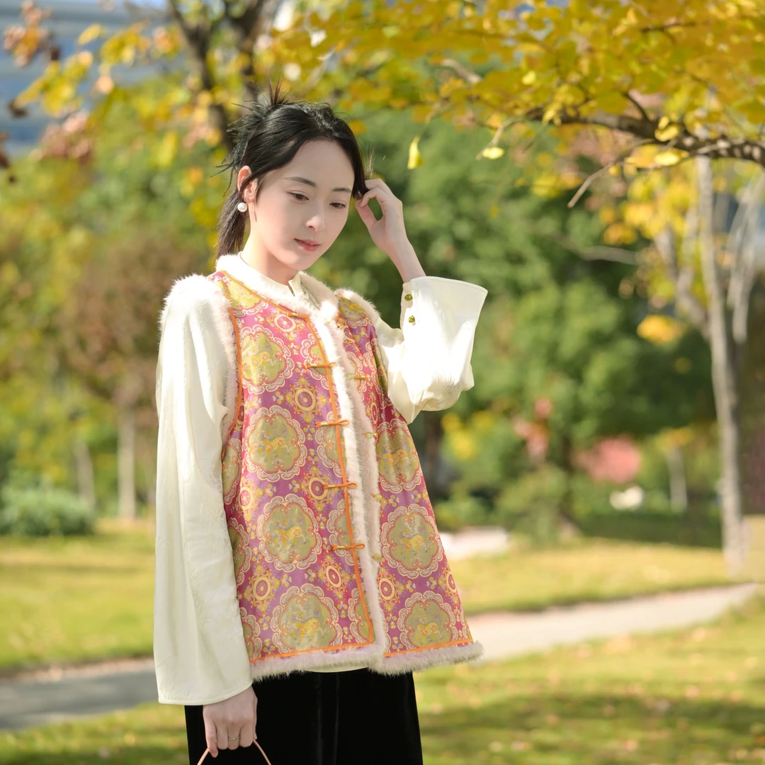 语绣【瑞锦】宋锦厚款提花民族风马夹套装长袖新中式国风上衣