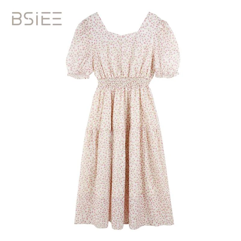 BSIEE/本涩方领松紧腰碎花连衣裙